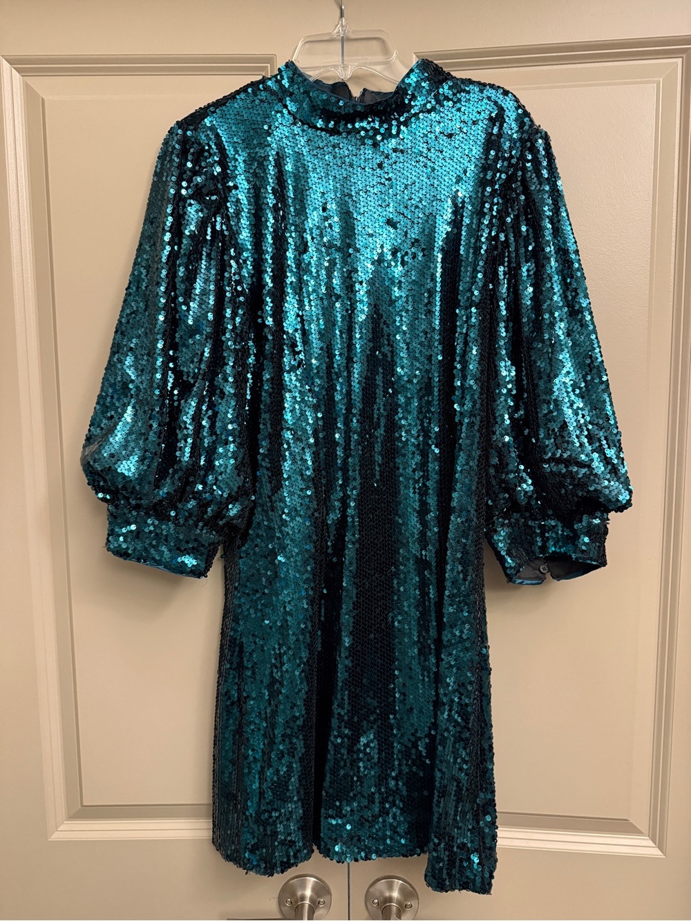 MELLODAY Teal Sequin Mini Dress with Balloon Sleeves